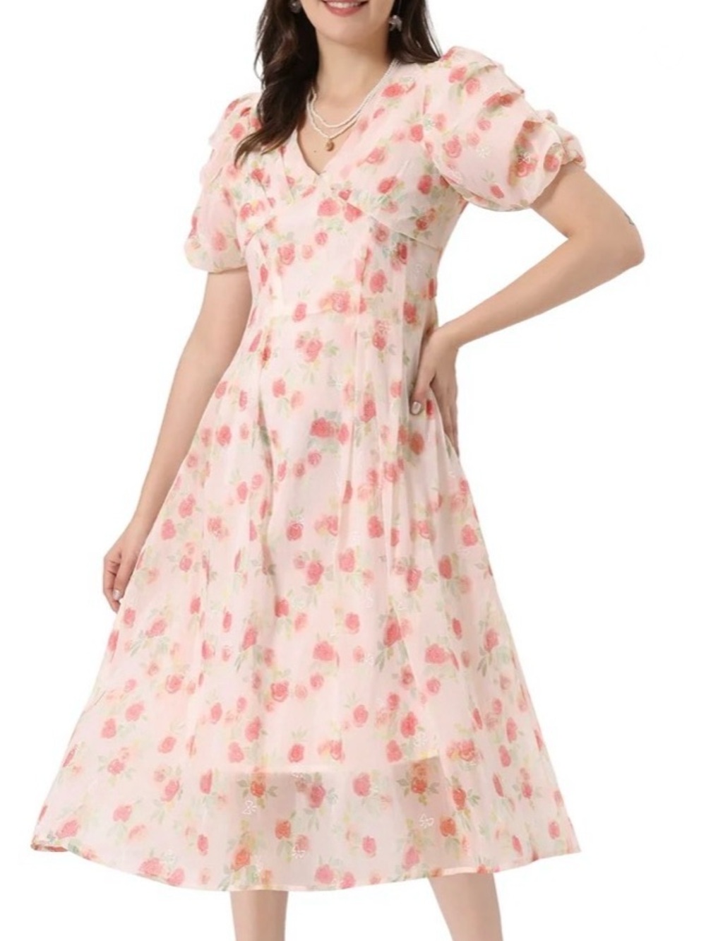 Allegra K Floral Print Puff Short Sleeve Cinched Waist Long Dresses, Size M